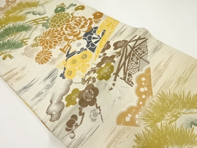 JAPANESE KIMONO / ANTIQUE MARU OBI / WOVEN FLOWER CART & SHOCHIKUBAI